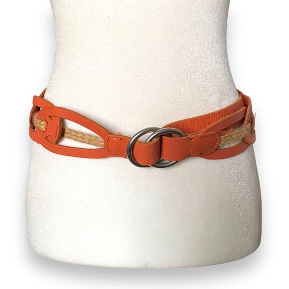 Linea Pelle Leather Link Jute Hip Sling Belt Sz S Orange Tan Ring Buckle Boho - Picture 8 of 9
